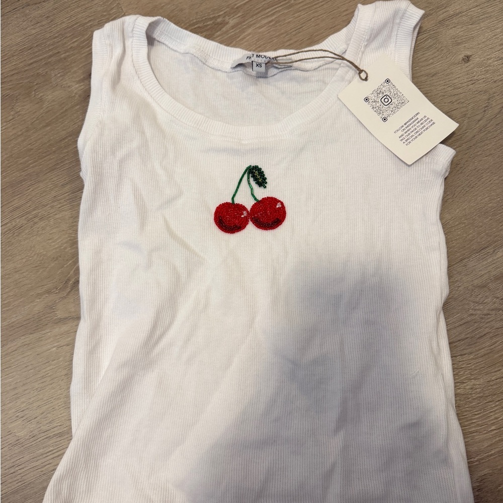 White Cherry Embroidered Tank Top